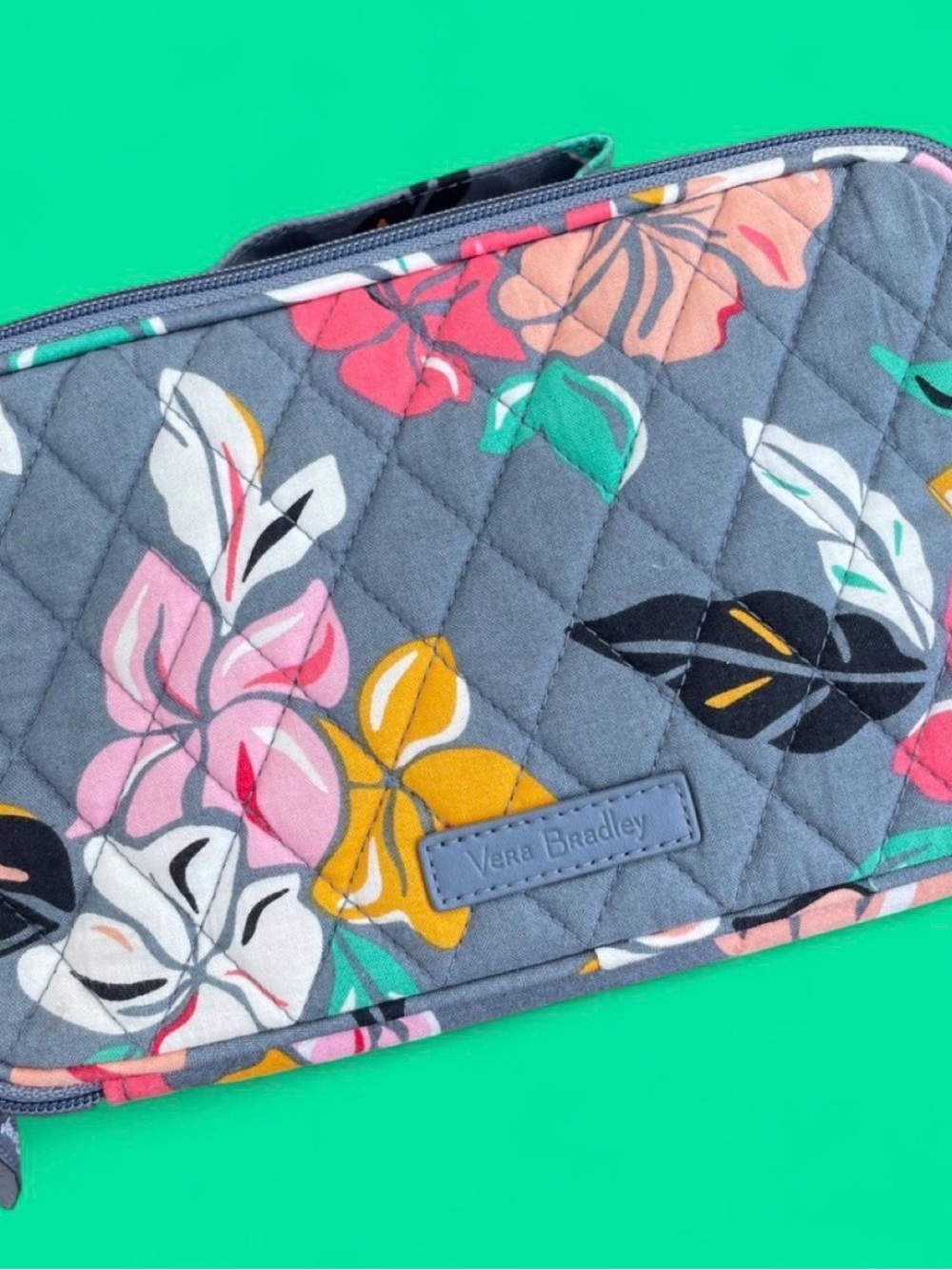 Vera Bradley Coastal Paradise dual zip cosmetic bag Gray, Pink, Yellow, Green